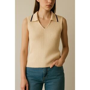 Vintage Ribbed Knit Polo Sweater Vest Beige Cream XL